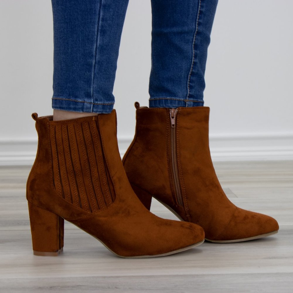 Vegan Suede Tan Bock Heel Ankle Bootie - Picture 8 of 8